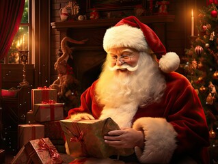 Santa Clause, Christmas eve, Christmas gifts, magical scene, Generative AI