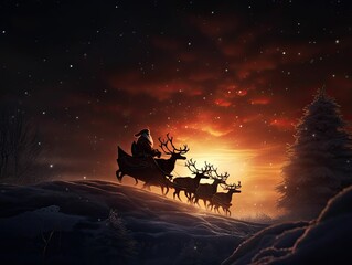 Santa Clause and his reindeers, Christmas eve, riding his sleigh, magical scene, Generative AI
