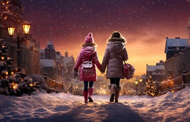 Christmas village evening scene, family walking together, Christmas lights, magical snowy landscape, Generative AI
