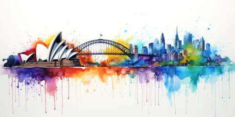 Papier Peint photo Peinture d aquarelle gratte-ciel Rainbow Aquarelle Silhouette of Sydney's Iconic Cityscape, Showcasing the Sydney Opera House, Bondi Beach, and the Natural Beauty of Australia