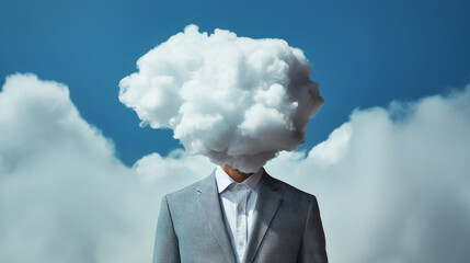 Man with cloud over his head - depression, overthinking and mental health metaphor.