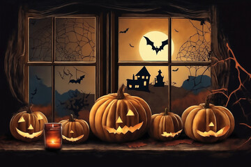 decoration for halloween holiday, jack o lantern pumpkins and candles on a windowsill, flying bats outside the window, moonlit night, dark, witchcraft and scary