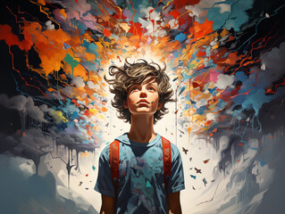 Mental Health in Youth. Creative abstract concept about teenage. Colorful illustration of teen boy