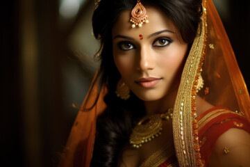 a beautiful indian bride posing for the camera in her saree - obrazy, fototapety, plakaty