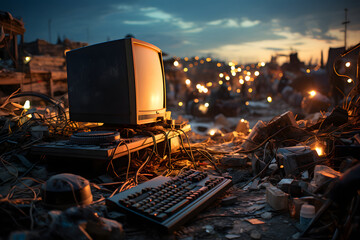 Computer parts at electronic waste in the landfill.