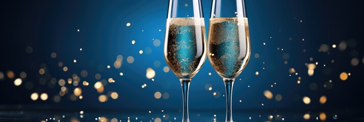 Sophisticated champagne flutes filled with holiday cheer against a blue backdrop - obrazy, fototapety, plakaty