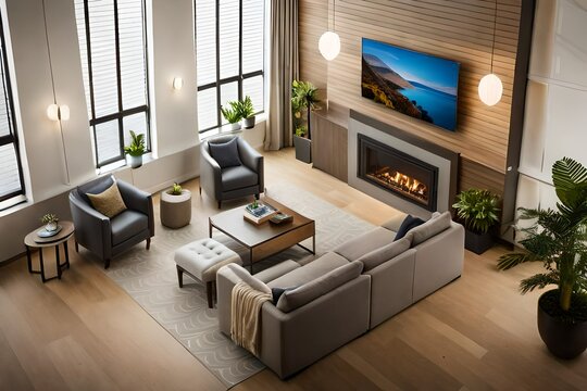 A photograph capturing an aerial view of a sleek modern living room, bathed in warm golden hues, inviting relaxation and sophistication.