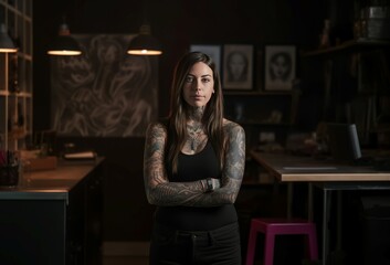 Tattoo artist woman art. Skin salon. Generate Ai