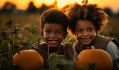 Friends, black boys picking pumpkins on an autumn sunny day, big beautiful pumpkin, go pick pumpkins, pumpkin patch - obrazy, fototapety, plakaty