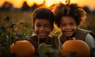 Fotobehang Friends, black boys picking pumpkins on an autumn sunny day, big beautiful pumpkin, go pick pumpkins, pumpkin patch © Andrii IURLOV