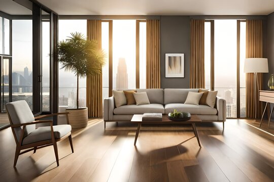 A Photograph capturing the serenity of an airy, sun-drenched room, drenched in golden hues, with sleek lines and minimalistic decor.