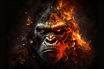 A portrait of a gorilla made of fire and smoke - obrazy, fototapety, plakaty
