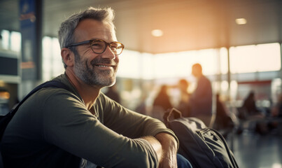 Happy smiling male traveler in airport, man sitting at the terminal waiting for her flight in boarding lounge. - obrazy, fototapety, plakaty