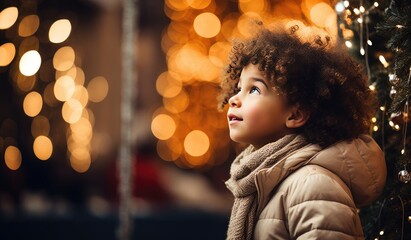 A black mixed race African American girl toddler intrigued by Christmas tree, Christmas bubbles, baubles decorations, christmas tree, Christmas lights, Christmas market, white christmas