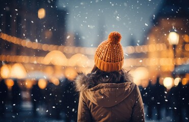 girl child standing next to a Christmas tree in the city, snow in the city square, christmas market, winter season, happy holidays - obrazy, fototapety, plakaty