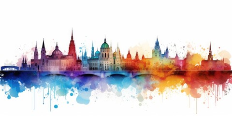 Rainbow Aquarelle Silhouette of Viennas Iconic Cityscape, Showcasing Schönbrunn Palace, St. Stephens Cathedral, and the Elegance of Austrian Culture - obrazy, fototapety, plakaty
