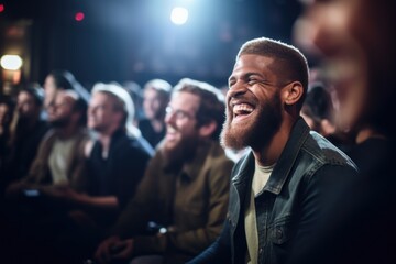 man laughing while watching a comedy show