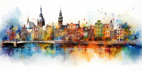  Rainbow Aquarelle Silhouette of Amsterdam's Iconic Cityscape, Featuring the Anne Frank House, Rijksmuseum, and the Rich Cultural Tapestry of the Netherlands