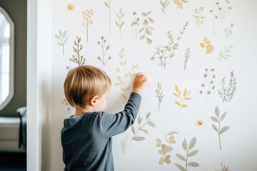kid sticking wall decals in bedroom - obrazy, fototapety, plakaty