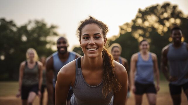 A group of young adults participating in a boot camp workout.