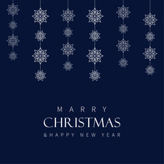 Merry christmas and happy new year, card with white snowflakes on blue background