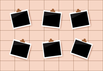 Polaroid frame mockup on mesh board in pastel color .Memories, best moment. Vector illustration 