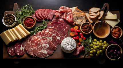 Savory Palette: A painterly spread of cured meats forming an enticing spectrum of flavors and textures. - obrazy, fototapety, plakaty