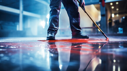 The worker applies gray epoxy resin to new floor - obrazy, fototapety, plakaty