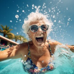 happy retired senior woman in water park swimming pool enjoying retirement