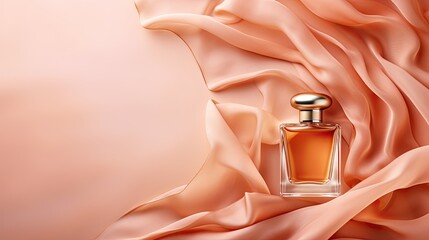 perfume bottle on folded apricot colored silk fabric - product mockup (generative AI)