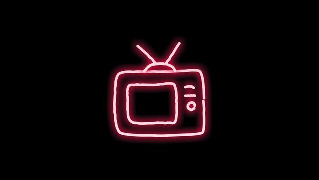 Neon icon tv Animation of light signal and  spreading from the center with a black background. Can be used to compose various media such as news, presentations, online media, social