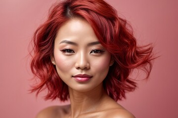 Fototapeta premium Japanese beautiful redhead woman portrait with smooth health skin face for advertising design on a pink solid background. Generative AI.