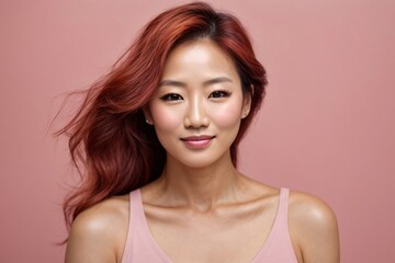 Japanese beautiful redhead woman portrait with smooth health skin face for advertising design on a pink solid background. Generative AI.