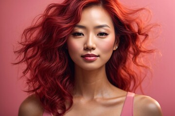 Naklejka premium Japanese beautiful redhead woman portrait with smooth health skin face for advertising design on a pink solid background. Generative AI.