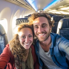 portrait selfie happy tourist couple taking selfie inside airplane