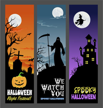 Spooky Halloween Vertical Banner Set. Happy Halloween 31st October Celebration Design