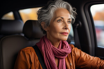 beautiful woman 50 years old with short gray hair, bright accessory scarf and leather jacket, earrings, sits in a car behind the wheel, drives the car and smiles