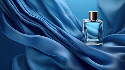 perfume bottle on folded blue silk fabric - product photo mockup (generative AI) - obrazy, fototapety, plakaty