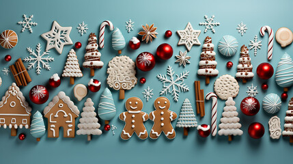 top view, collage of Christmas symbols on a light blue background, fir trees, gingerbread cookies,...