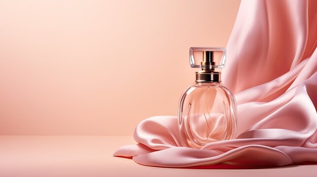 perfume bottle on a folded pink silk fabric - product photo mockup (generative AI)