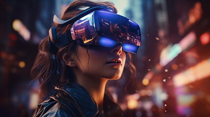 Virtual reality female girl gamer in futuristic meta world. amazed young woman in a VR headset explores the metaverse virtual space. Gaming and futuristic entertainment concept - obrazy, fototapety, plakaty