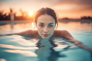 woman in swimming pool - obrazy, fototapety, plakaty