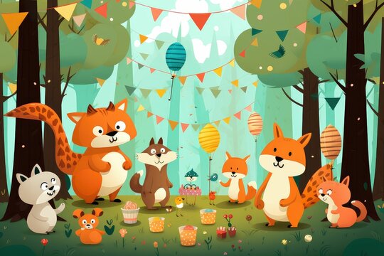 happy cute animal forest party 