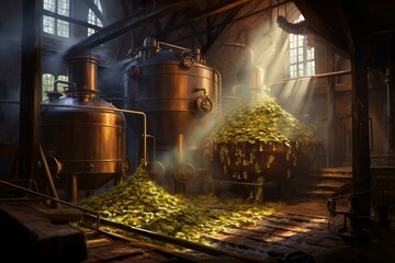 Brewery production, beer factory, metal vat, boiling hops. Generative AI