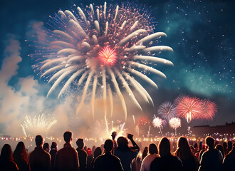 Celebrate Happy new year fireworks background. Generative Ai. - obrazy, fototapety, plakaty