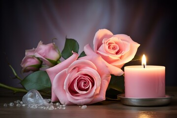 A condolences card with a pink rose, candles, and a somber atmosphere, perfect for remembering during all souls day. Generative AI - obrazy, fototapety, plakaty
