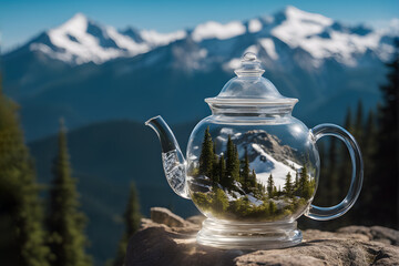 alpine tea concept, transparent teapot with mountains inside on a mountain landscape