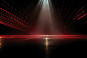 An empty room illuminated by red and white spotlights. Concrete floor, stage