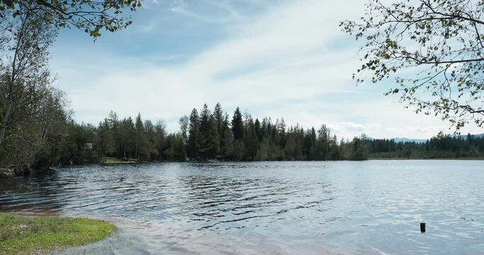 Kirchsee beach (North bank) near Sachsenkam in south of Munich. Calm warm bog water, bathing area and jetty accessible on foot or by bike 