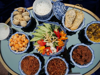 Traditional Thai meal, rice in ice water (Khao Chae), in ceramic containers